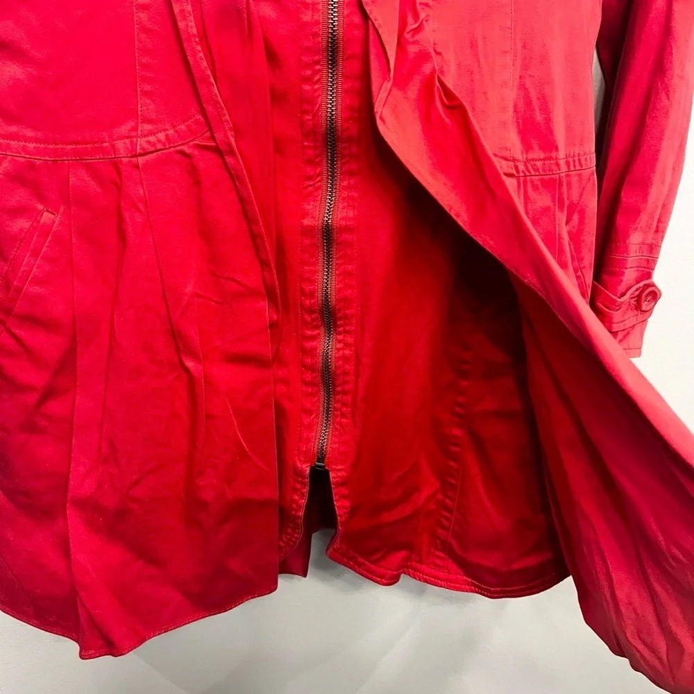 Elle‎ Women's Vibrant Red Trench Coat Ruffle Missing Belt Size Medium